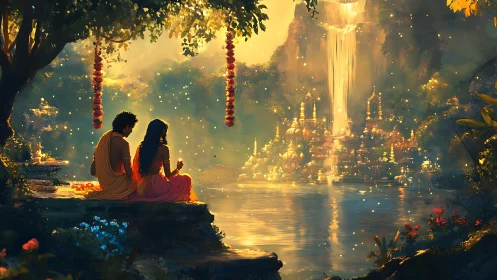 Sunlit lovers beside a cascading golden temple dream.
