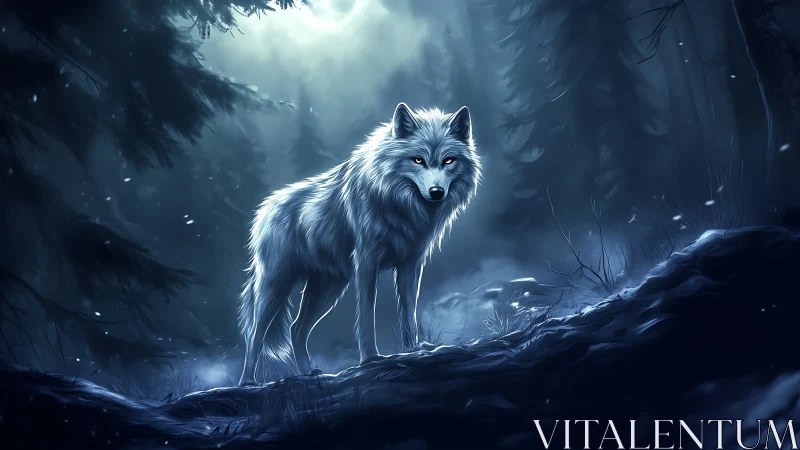 Lone white wolf stands illuminated in a nocturnal forest tableau