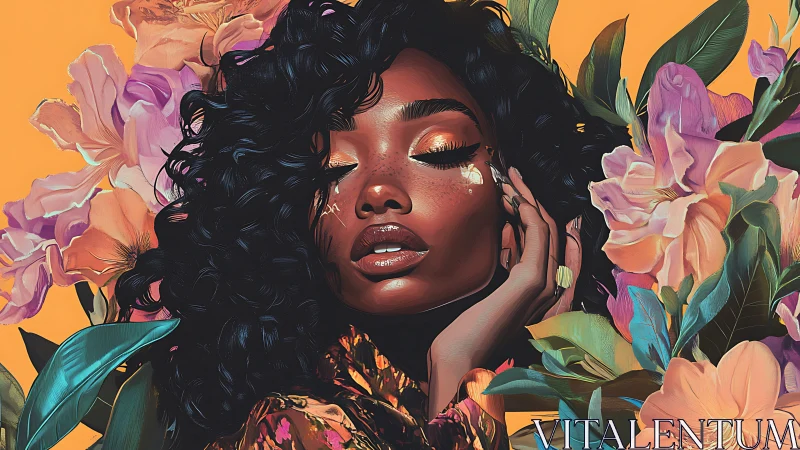 Digital portrait of serene woman amid tropical floral blooms