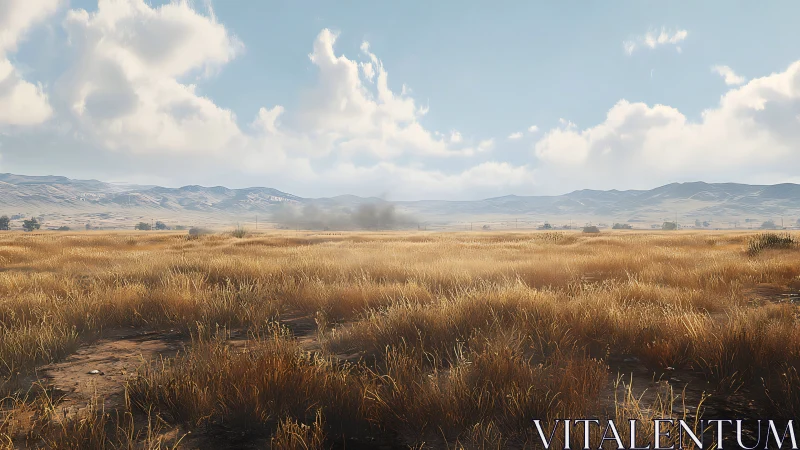 Golden grassland plain extends toward distant mountain range