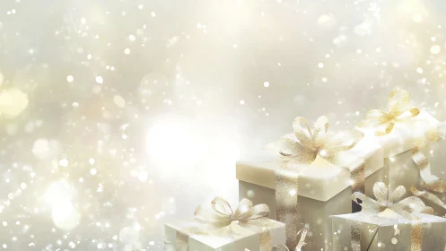 Golden gift boxes under dreamy festive bokeh glow.