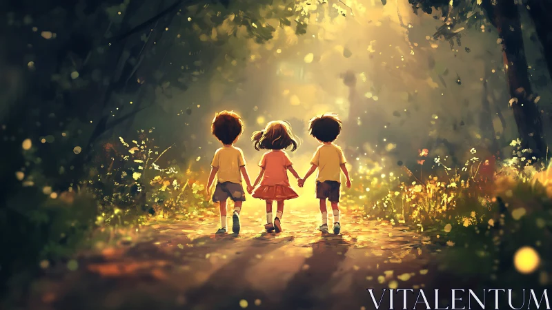 Children holding hands walking through golden forest light.