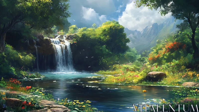 Sunlit forest waterfall beside tranquil mountain pool.