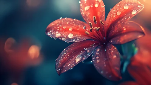 Red lily flower petals covered in water droplets