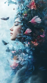 Aerial floral visage in turbulent chromatic vapor flow.