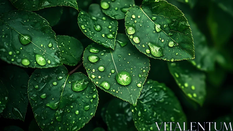 Rain droplets resting on dark green plant leaves.