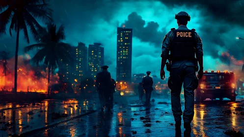 Riot control officers in neon lit rainy coastal megacity street