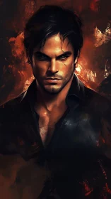 Digital male portrait against abstract fiery backdrop.