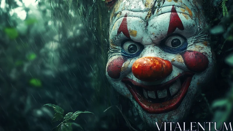 Lurking clown mask peers from rainy, overgrown forest shadows