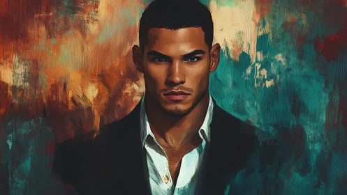 Confident man in suit painted against teal and amber haze