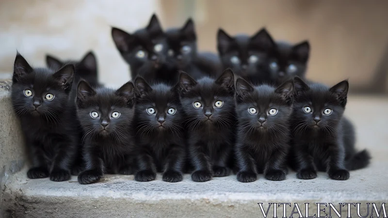 Black Kitten Group Portrait in Frontal Composition.