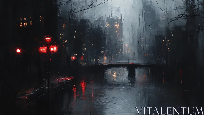 Mist-kissed city canal under glowing ruby streetlamps.