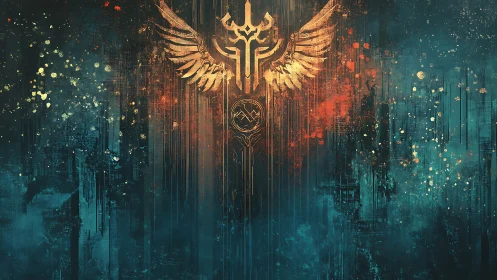 Winged emblem with vertical grunge textures is centrally aligned