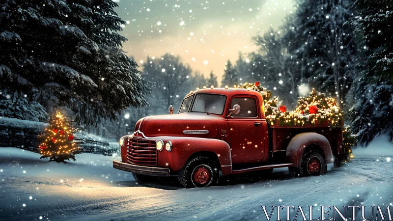 Vintage red pickup illuminates a snowy, cinematic winter road