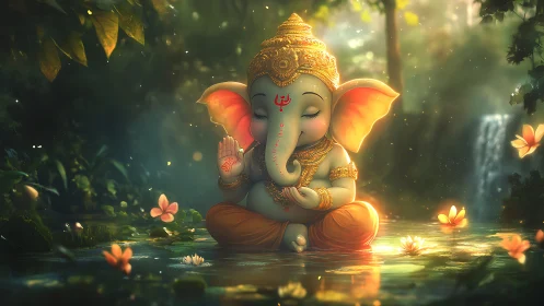 Serene baby Ganesha meditating in luminous forest water garden