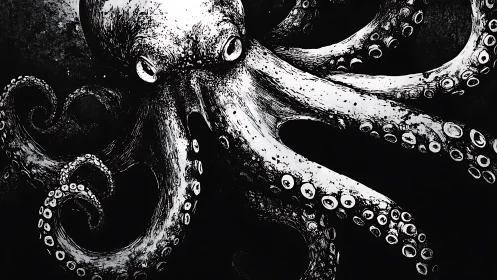 Monochrome octopus spreads curling tentacles in deep black