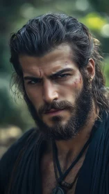 Bearded man with facial scars stares intensely at camera