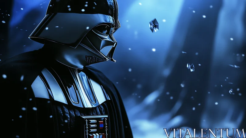 Armored sci fi figure stands in snowy blue-lit forest scene