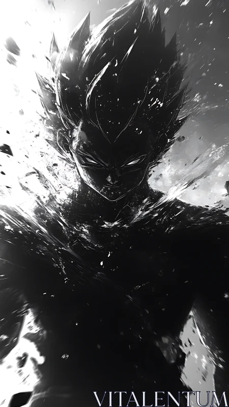 Monochrome anime warrior emerging in fragmented energy.