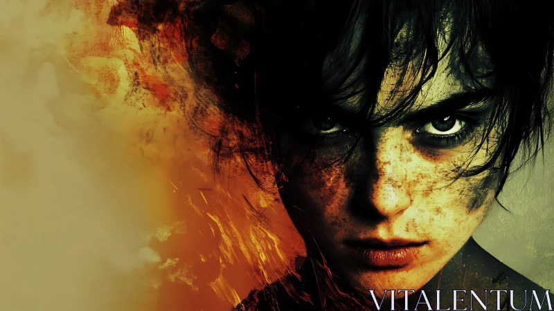 Intense freckled face merging with abstract fiery textures.