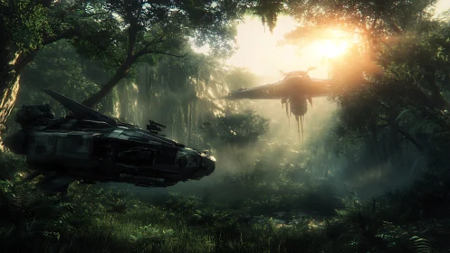 Twin gunships descending through volumetric jungle sunrise