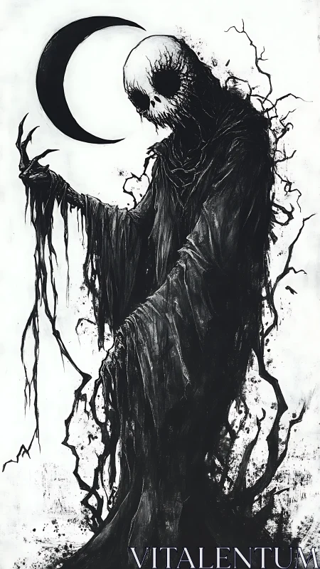 Moonlit shadow spirit rises in dark dripping ink silence