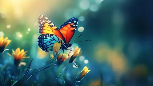 Digital painting of luminous butterfly on wildflower bloom.