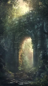 Ancient jungle stone gate opens into luminous mystery.