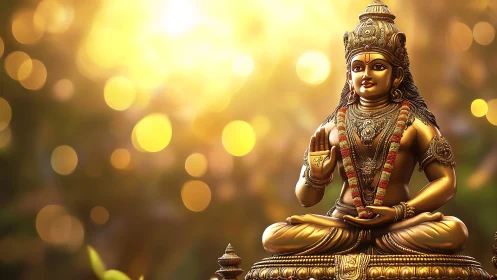 Golden deity statue glowing gently in soft evening light.