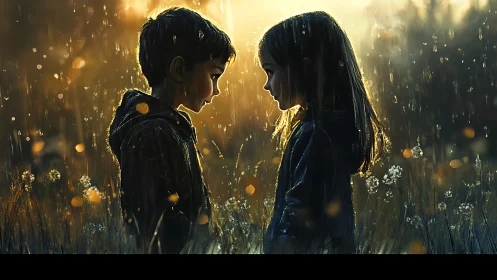 Two adolescent figures positioned face-to-face within volumetric light precipitation and bokeh field