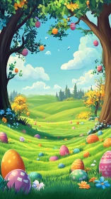 Pastel egg meadows bask under a honey-bright spring sky.