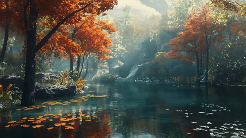 Autumn forest river reflects vivid foliage under diffuse light