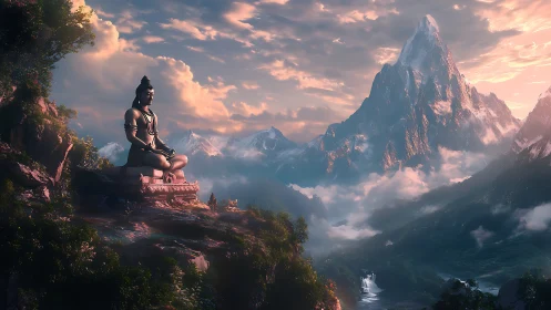 Colossal seated deity statue in misty alpine valley at sunrise