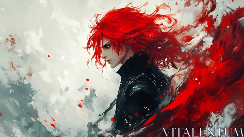 Crimson haired warrior in dynamic red and white digital swirl