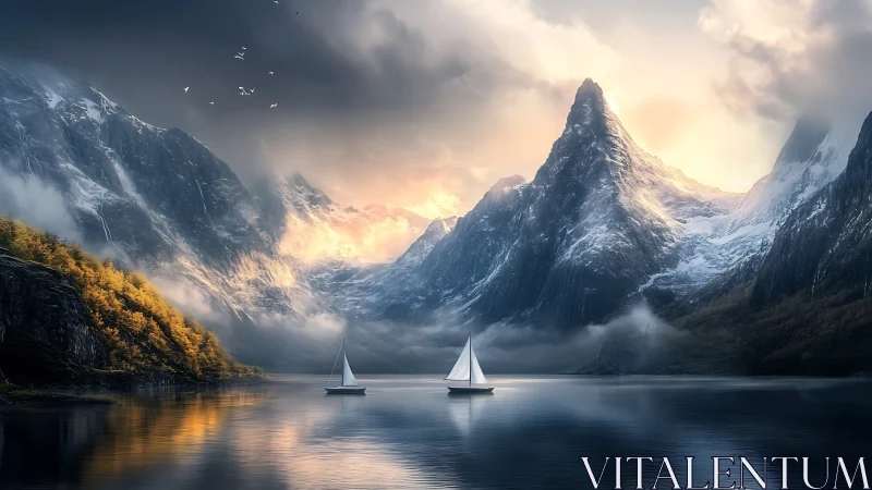 Digital painting of misty alpine fjord with sailboats at dawn.
