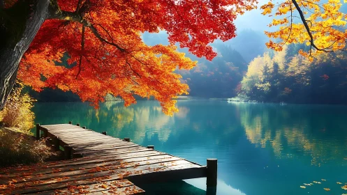 Wooden lakeside pier extends under vivid red autumn foliage