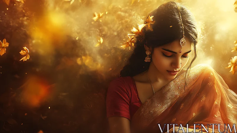 Elegant Indian Woman in Golden Traditional Attire, Dreamy Artistic Style.