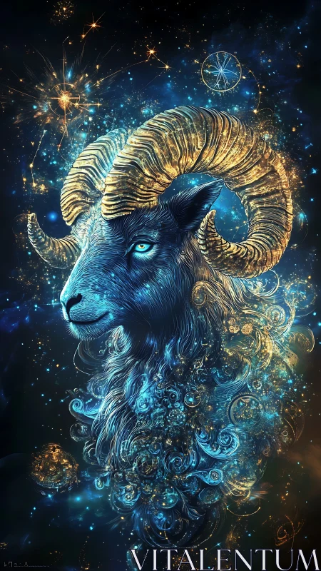 Celestial blue ram portrait with luminous golden horns