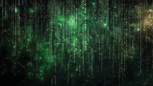 Vertically cascading green code streams form a deep cyber grid