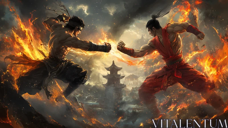Martial duel amid flaming clouds over distant pagoda skyline