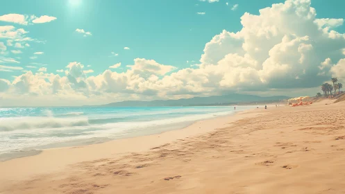 Sunny empty beach with turquoise sea and large clouds.