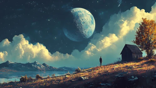 Solitary dreamer under a swollen moonlit skyscape.