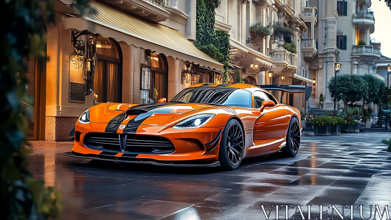 Orange supercar parked on wet luxury city street at dusk.