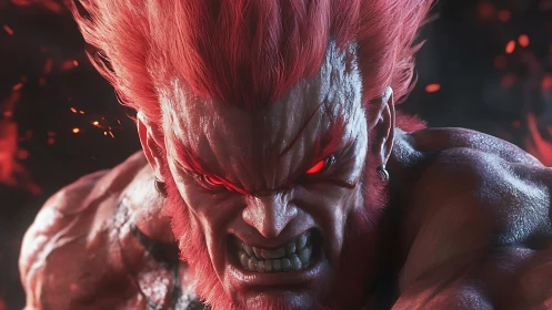 Red-haired muscular fighter snarls with glowing red eyes