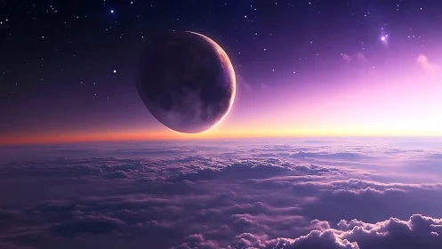 Digital painting of crescent planet above luminous cloudscape.