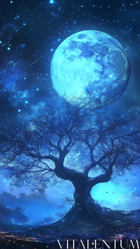 Moon-drenched dreamtree rooted beneath a sapphire sky.