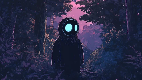 Moon-eyed wanderer drifts through neon-twilight forest hush.