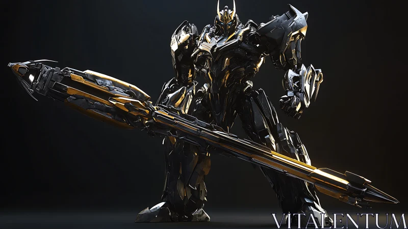 Armored mech warrior brandishes luminous techno-spear.