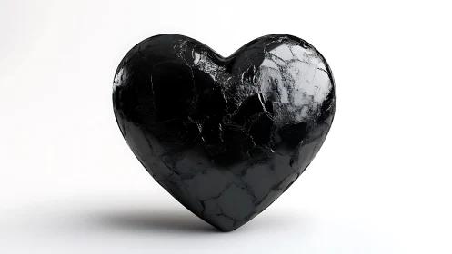 Fractured Black Heart Stone Against Minimalist White Background