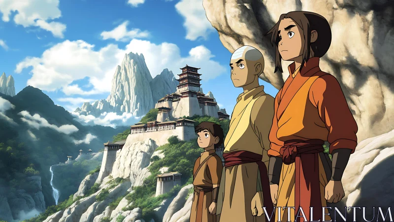 Young monks survey mountain temple from rocky ledge